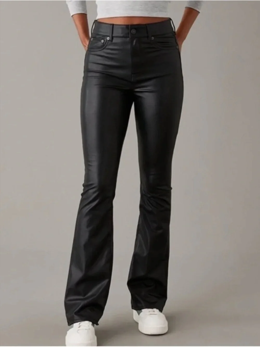 AE Curvy Long Black Faux Leather Stretch Bootcut Pants - Picture 2 of 5